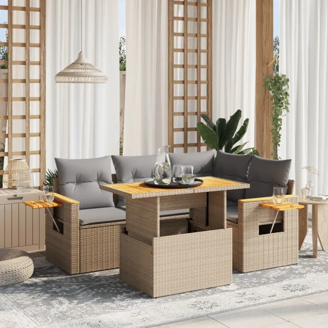 vidaXL 5-delige Loungeset met kussens poly rattan beige, foto 2