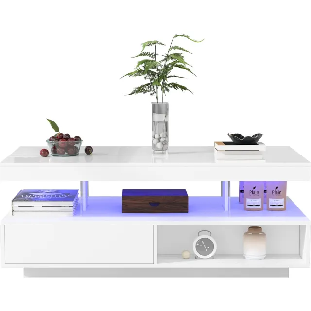 REDOM Salontafel met opbergruimte – Hoogglans wit met 4 glazen elementen – 2 lades (push-to-open) & 2 open vakken – Moderne woonkamertafel – Spaanplaat