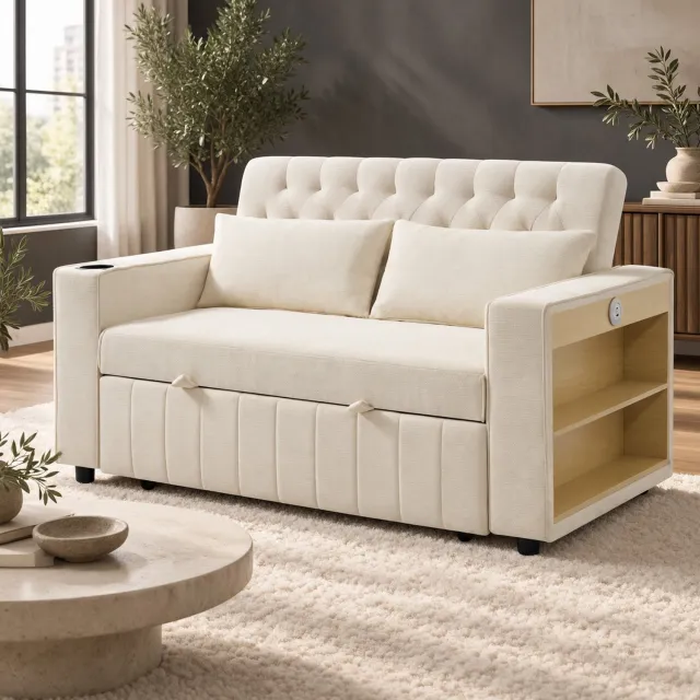 WUVRIE 2-zits slaapbank 140x137 cm - Verstelbare rugleuning, USB en opbergruimte - Beige