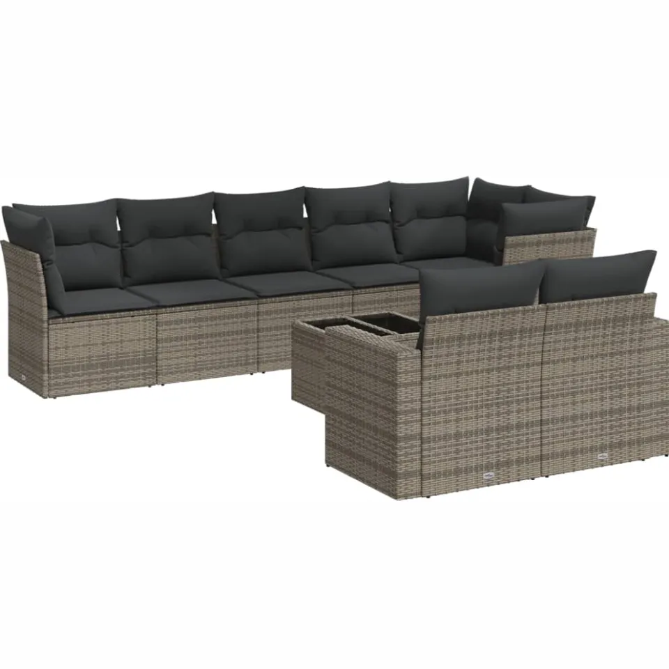 vidaXL 9-delige Loungeset met kussens poly rattan grijs