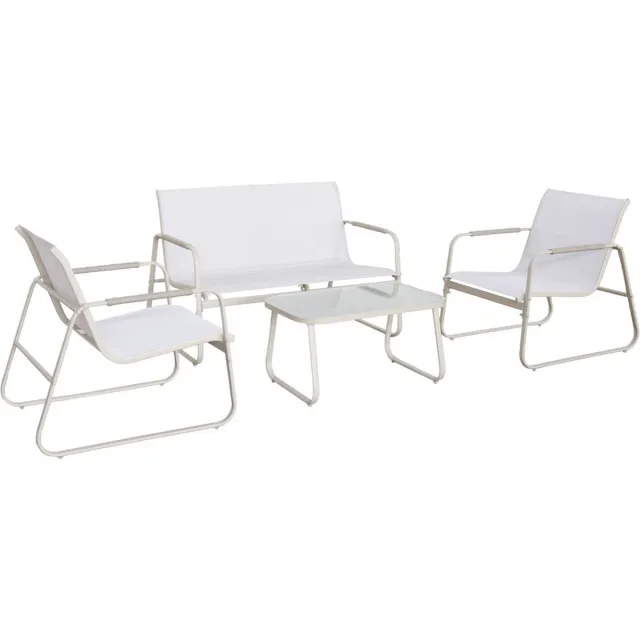sweeek Tuinset noto staal, 4 plaatsen, een bank, een tafel, twee textilene fauteuils Beige