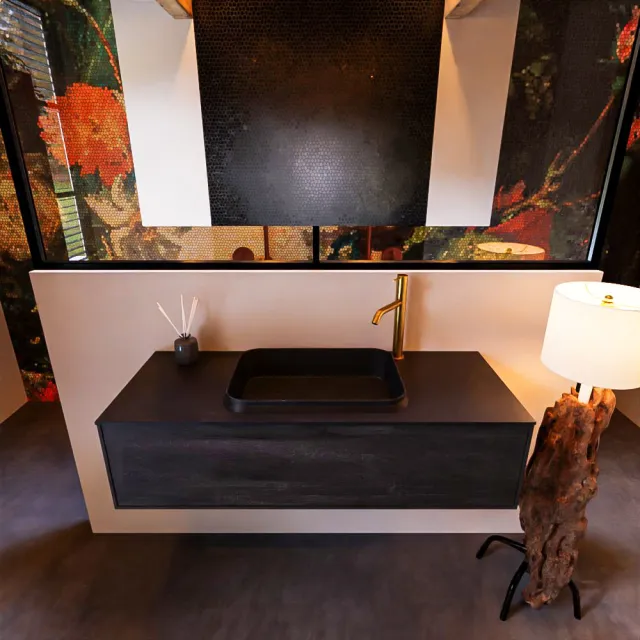 Mondiaz Badkamermeubelset Mondiaz Erin 120 cm met 1 Lade met RIDGE Wastafel Midden Urban met 1 kraangat Greeploos Mat Dark Brown Bruin