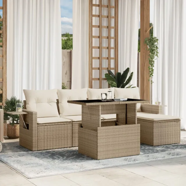 vidaXL 6-delige Loungeset met kussens poly rattan beige, foto 2