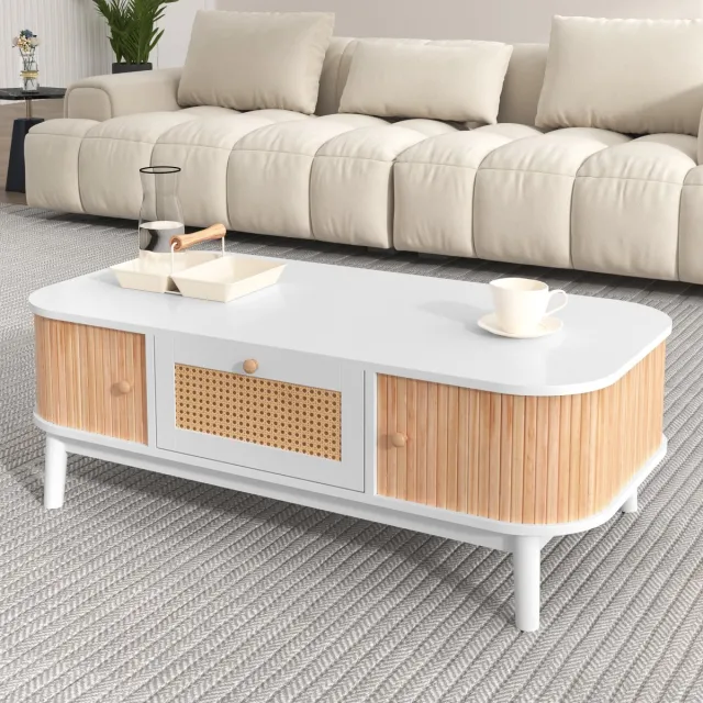 REDOM Salontafel 110x55x38,5 cm van MDF en massief hout, met rattan accenten en schuifdeuren Wit