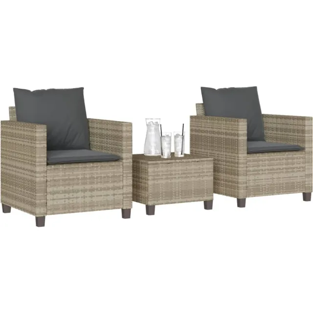 vidaXL 3-delige Bistroset met kussens poly rattan lichtgrijs