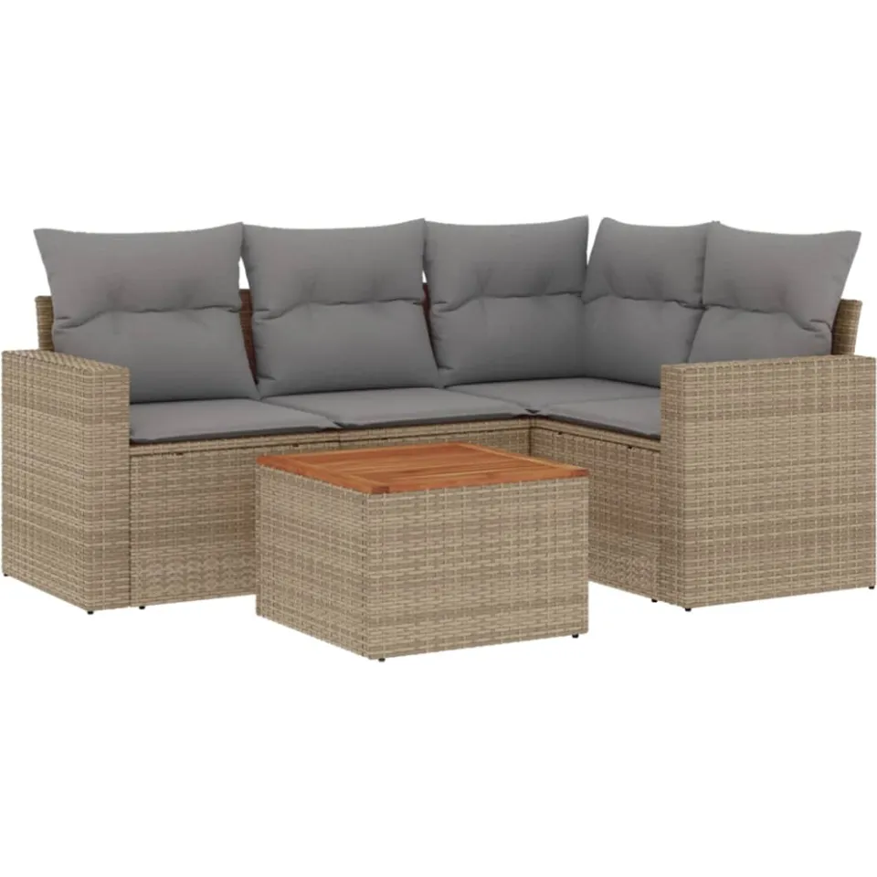vidaXL 5-delige Loungeset met kussens poly rattan beige, foto 3
