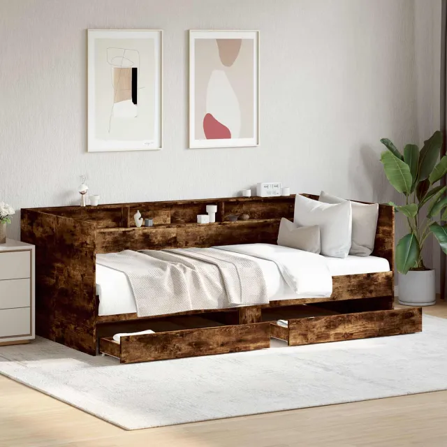 vidaXL Dagbed met lade met plank met opslag Gerookt eiken Bewerkt hout Bruin