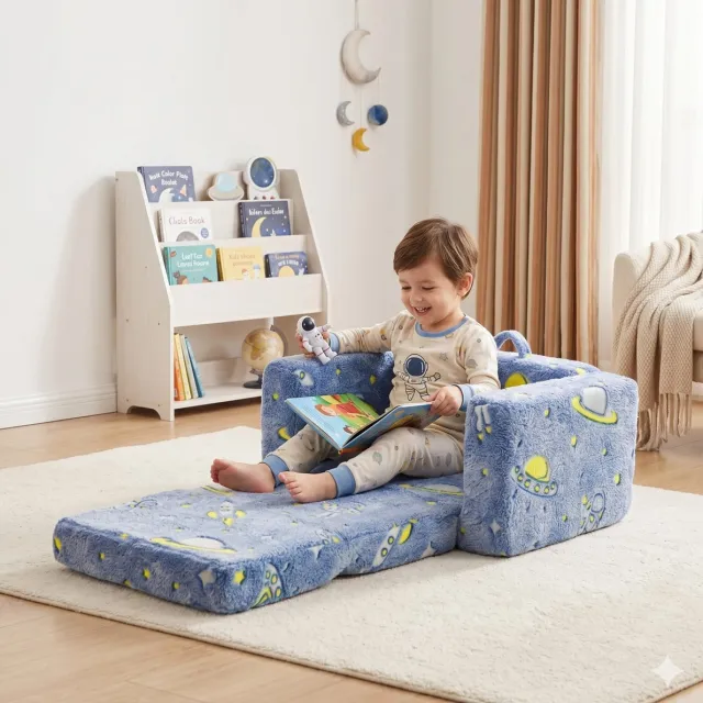 MODENUIT Kinderklapstoel 106 x 65 x 28,5 cm - Opvouwbaar met Armsteunen - Voor Binnen - Stof en Metaal - Blauw Blauw, groen en wit