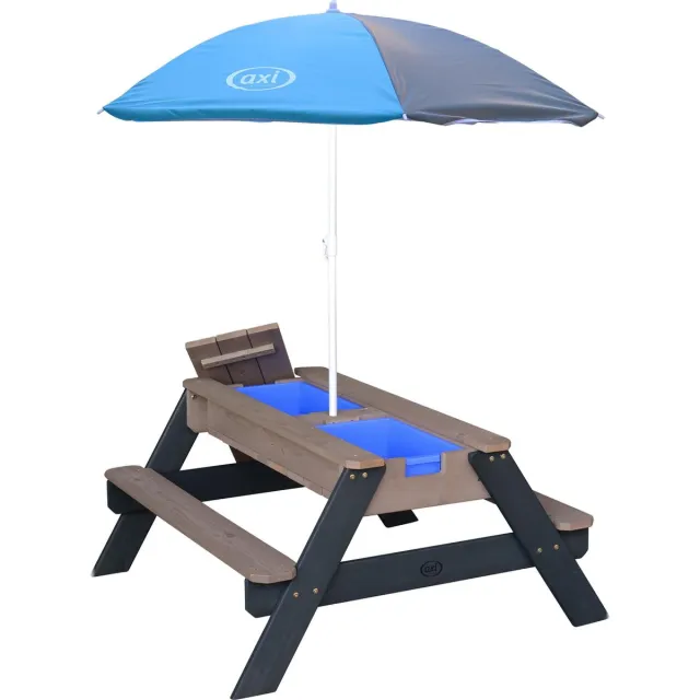 Axi Nick Zand & Water Picknicktafel in Antraciet/Grijs - Parasol Grijs/Blauw - FSC Hout - Picknick tafel voor kinderen van hout