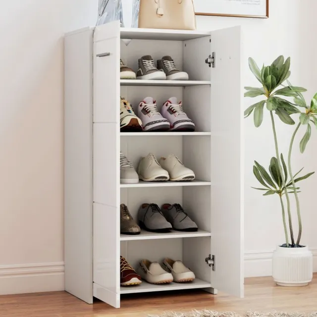 MEUNIQ Schoenenkast 55 x 36 x 108 cm met 3 verstelbare legplanken, deuren en ruimte voor 10 paar schoenen, staande opbergkast voor hal of gang, wit Hoogglans wit