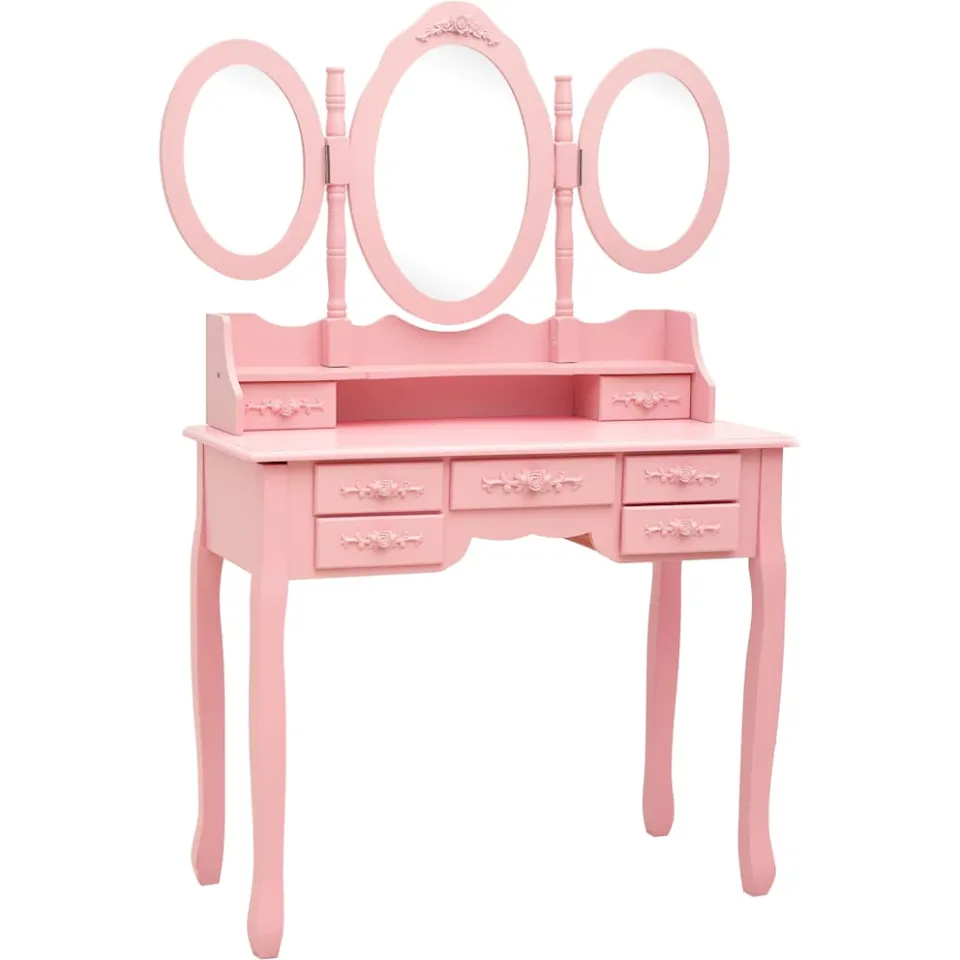 vidaXL Kaptafel met kruk en drievoudige spiegel roze, foto 2