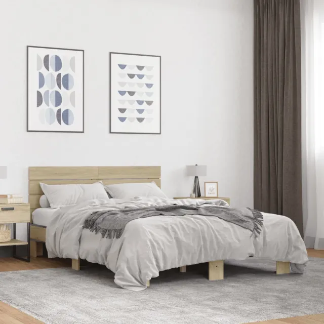 vidaXL Bedframe bewerkt hout metaal sonoma eikenkleurig 140x200 cm