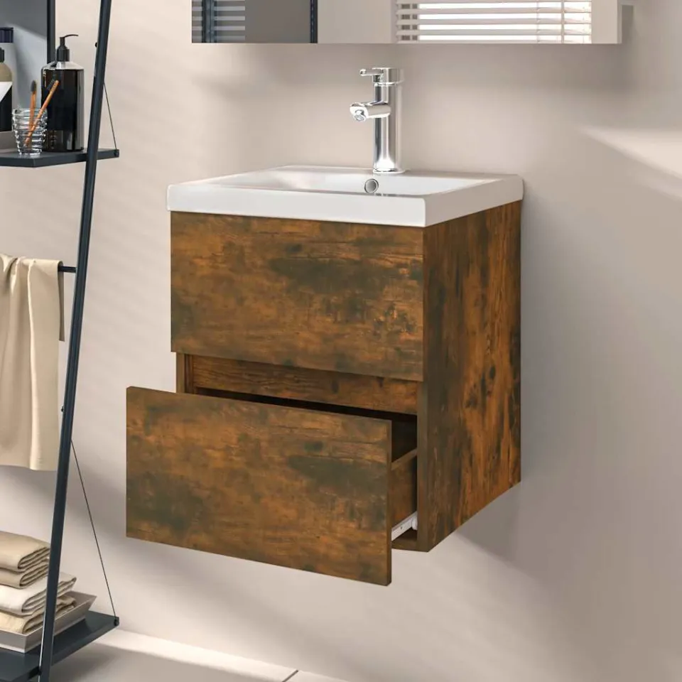 vidaXL Wastafelkast 41x38,5x45 cm bewerkt hout gerookt eikenkleurig, foto 3