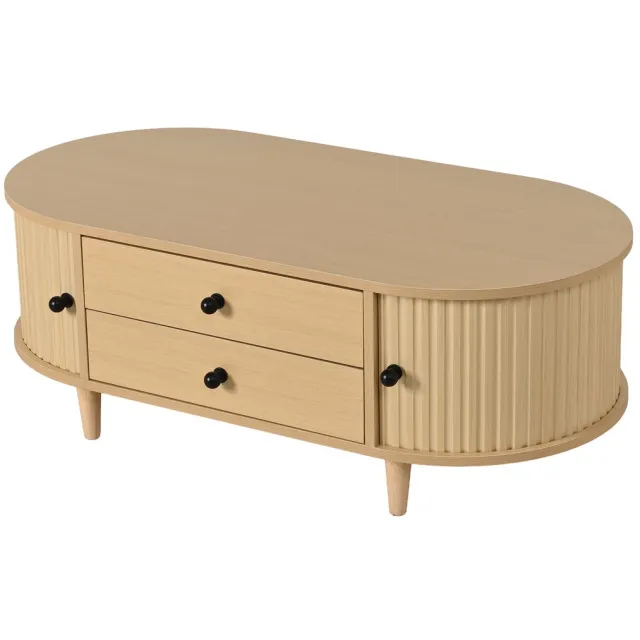 Ropilly Ronde salontafel - Koffietafel met opbergruimte - Twee lades - Handige schuifdeuren - Belastbaar tot 50 kg - Voor woonkamer - 100x50x36 cm - Licht hout Natuurlijk hout