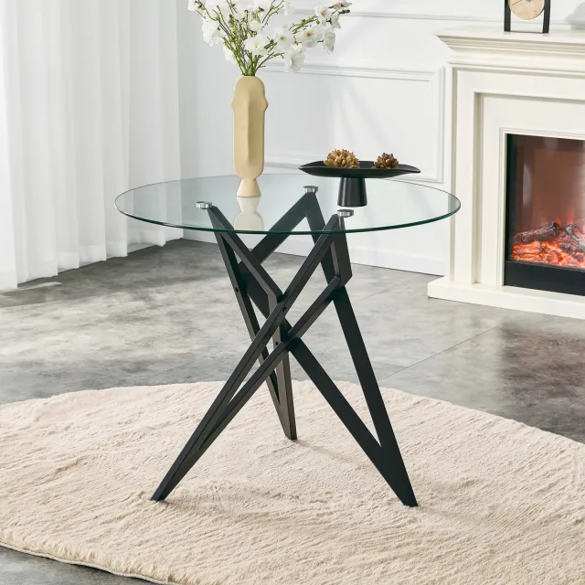 REDOM Salontafel - Rond gehard glazen tafelblad - Geometrisch metalen kruisframe - Open onderstel - Moderne stijl - Woonkamer - Zwart - Ø 85 x 75,7 cm