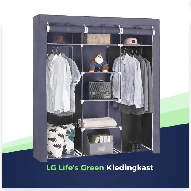 LG Life's green Life's Green Opvouwbare Kleerkast - 150 x 45 x 175 cm - Kledingrek met 9 opslag planken en 2 ophangstangen - Stoffen Kledingkast - 200 kg Draagvermogen - Grijs