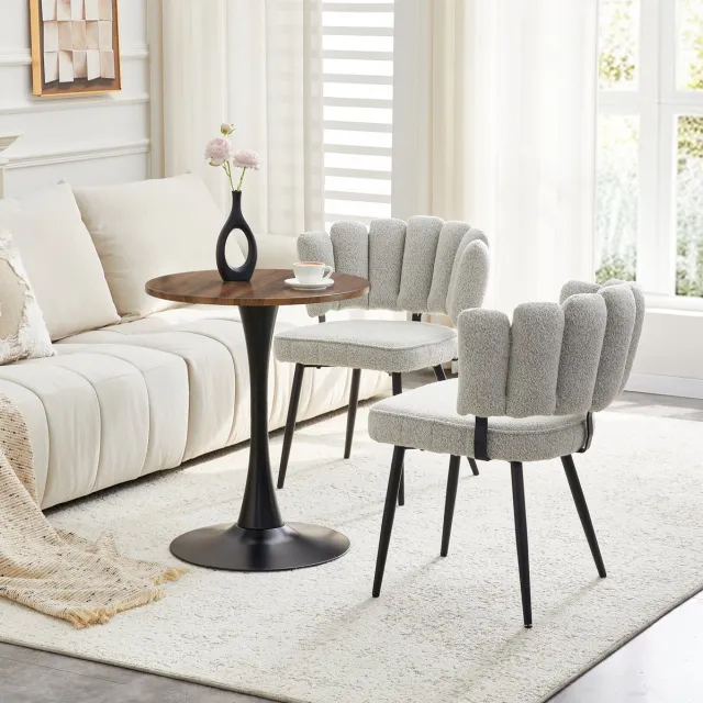 MEUNIQ set tafel en stoelen met ronde tafel 60 cm, MDF tafelblad met zwarte centrale voet en 2 lichtgrijze eetkamerstoelen met bloemvormige rugleuning Walnoot+zwart