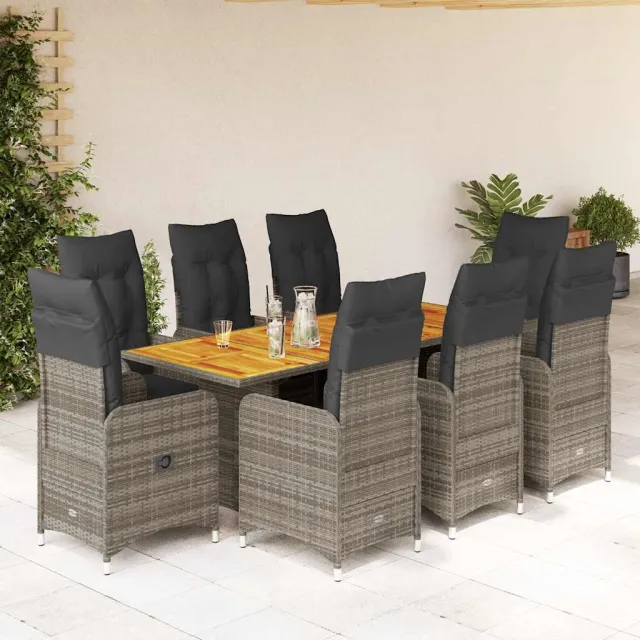 vidaXL 9-delige Bistroset met kussens poly rattan grijs, foto 2