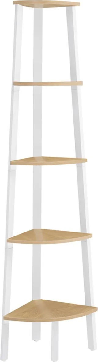 Vasagle Hoekplank, Boekenkast met 5 lagen, Ladderplank, Opbergplank, Plantenplank voor Woonkamer, Industrieel Design, met stalen frame, Natuurlijk Eiken Mat Wit LLS035Y01