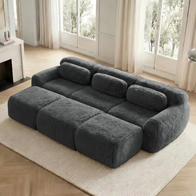OKWISH Modulaire Hoekbank 3 Zits - Met 3 Ottomans, Extra Brede Zit & Slaapfunctie - Voor Woonkamer - Pluche - Grijs