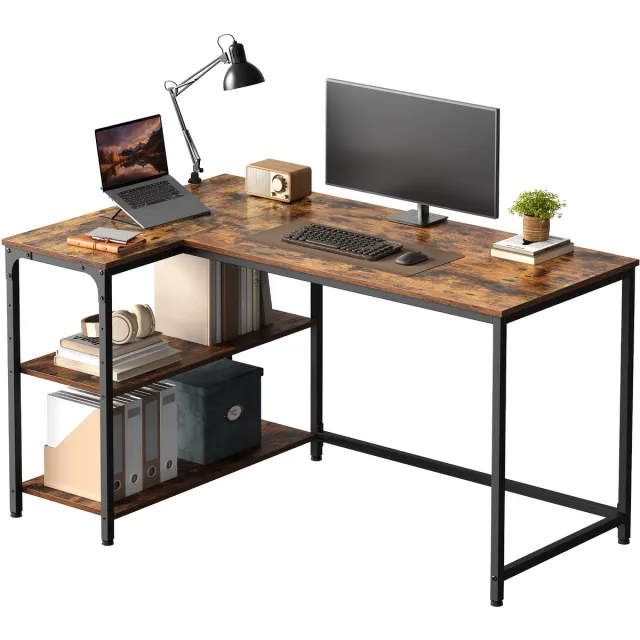 Vasagle Bureau - L-vorm Bureau - Met Opbergruimte - In Hoogte Verstelbaar - Ideaal voor Homeoffice vintagebruin