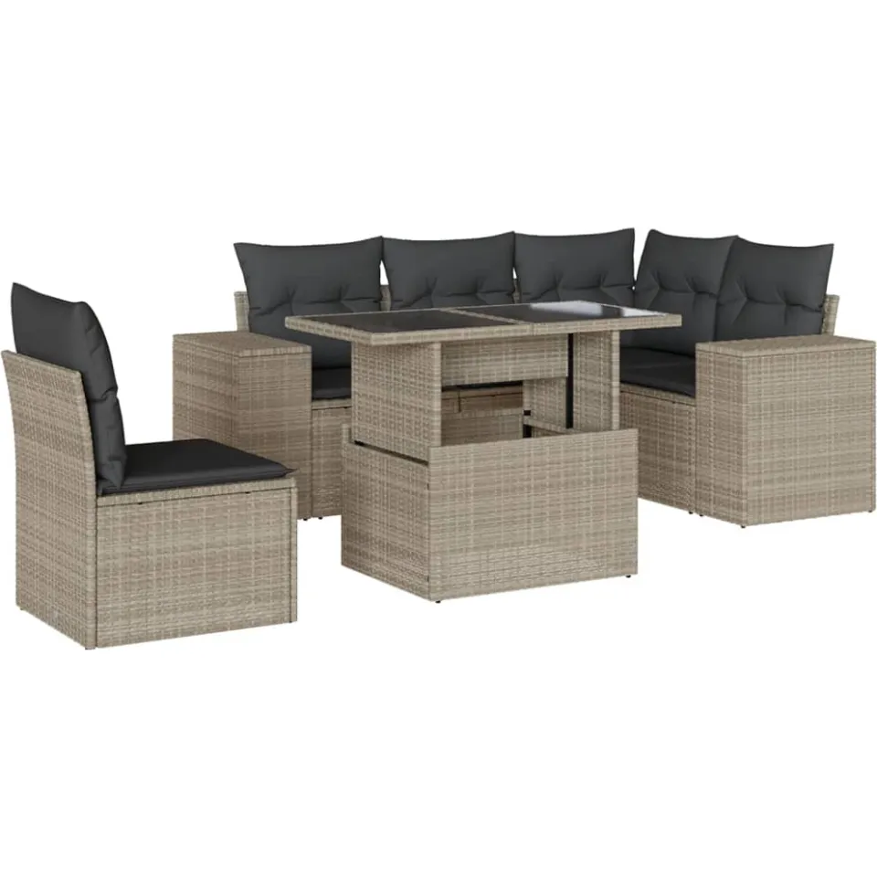 vidaXL 6-delige Loungeset met kussens poly rattan lichtgrijs grijs, foto 3