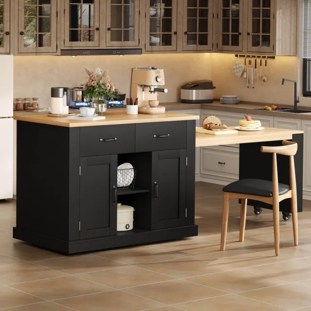 DESMIU Eettafel - Uittrekbaar Keukeneiland Met Stopcontacten En USB - Verrijdbaar Voor Keuken En Eethoek - MDF - 132 Tot 235 x 60 x 93 Cm - Zwart
