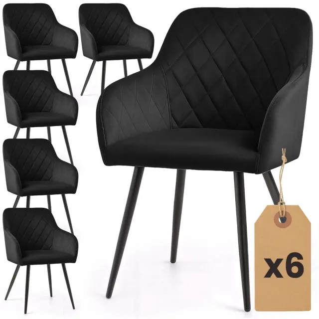 Akord Set van 6 Eetkamerstoelen VELTO met Armleuningen / Gestoffeerde Stoelen / Fluwelen Stoelen en Metalen Poten / Zwart met zwarte benen