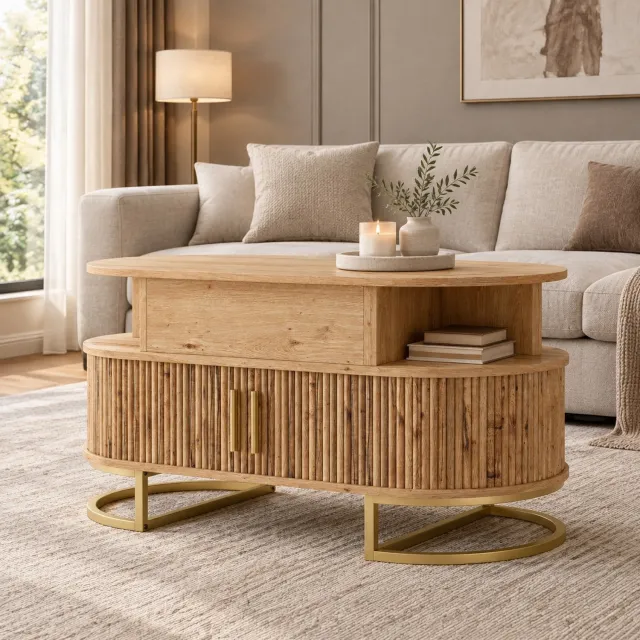 OKWISH Salontafel - Ovaal Hydraulisch Verstelbaar Tafelblad - Verborgen Opbergruimte Met Schuifdeuren - MDF Naturel - 100 x 50 x 64 cm