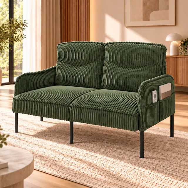 Wishdor 2-zitsbank - Compacte zitbank met zijvakken en hoge rugleuning - Zachte ribstof en armleuningen - Voor woonkamer slaapkamer appartement en leeshoek - Metalen poten - Groen - 122 x 73 x 83 cm