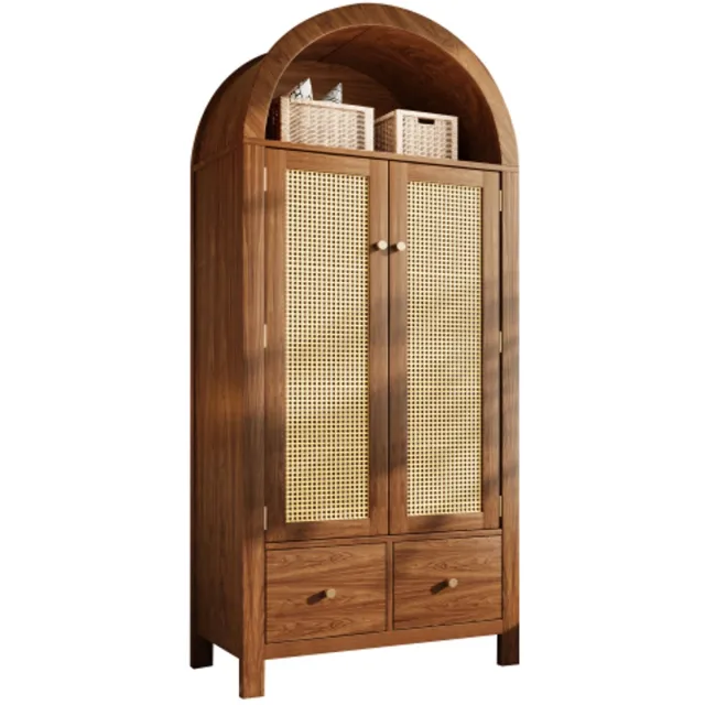 COLAMY Kledingkast - Garderobekast - Rattan Deuren - 2 Laden - Kledingstang - Landelijke Stijl - Walnootlook