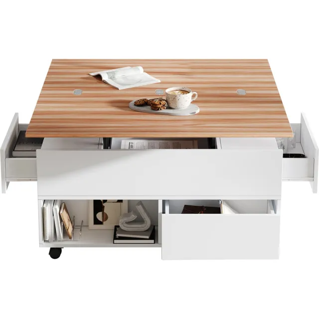 MUVANO Salontafel in hoogte verstelbaar - Salontafel met wielen - 4 lades - Uitschuifbare tafel - 100x50x52 cm - Met opbergruimte - Woonkamer Wit en houtkleur