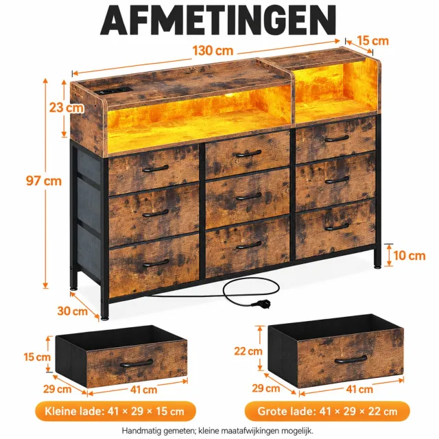 Thuys Commode met 9 Stoffen Laden – Commode 130 x 30 x 97 cm – LED-verlichting – 2 Stopcontacten en 2 USB-poorten – Vintage Bruin/Zwart