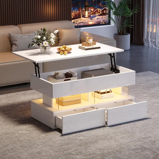 Pugsdrly Opklapbare salontafel Salontafel met in hoogte verstelbaar blad en verborgen opbergruimte, glanzende bijzettafel met LED, salontafel met 2 lades, wit, MDF + acrylplaten