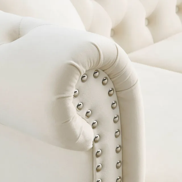 Wishdor Chesterfield bank - Tweezitsbank met fluwelen bekleding - Gecapitonneerde knopen en zilverkleurige nagels - Woonkamer slaapkamer kantoor - Houten poten - Beige