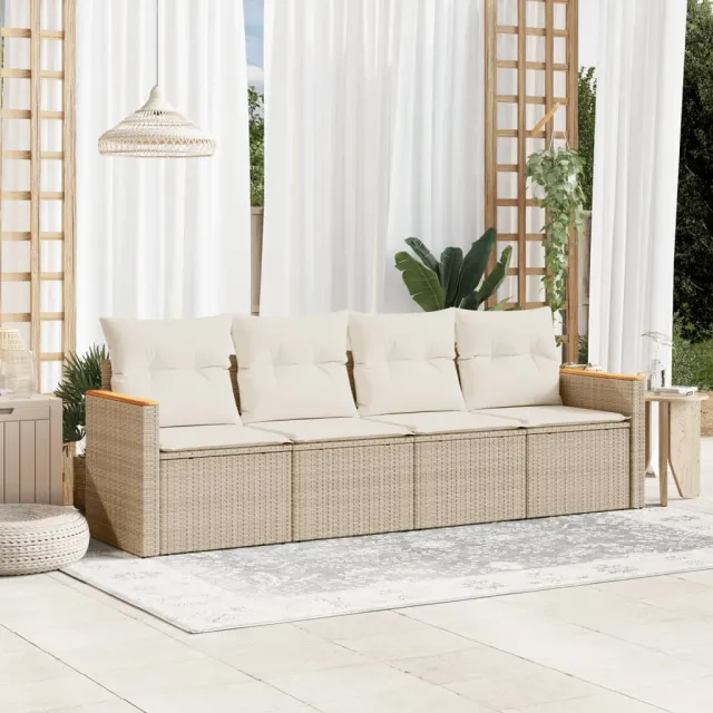 vidaXL 4-delige Loungeset met kussens poly rattan beige, foto 2