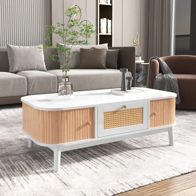 MODENUIT Salontafel - Met Laden En Deuren Voor Woonkamer - MDF Met Rotan Details En Houten Poten - 110x55x38,5 Cm Wit