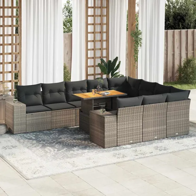 vidaXL 10-delige Loungeset met kussens poly rattan acacia grijs, foto 2