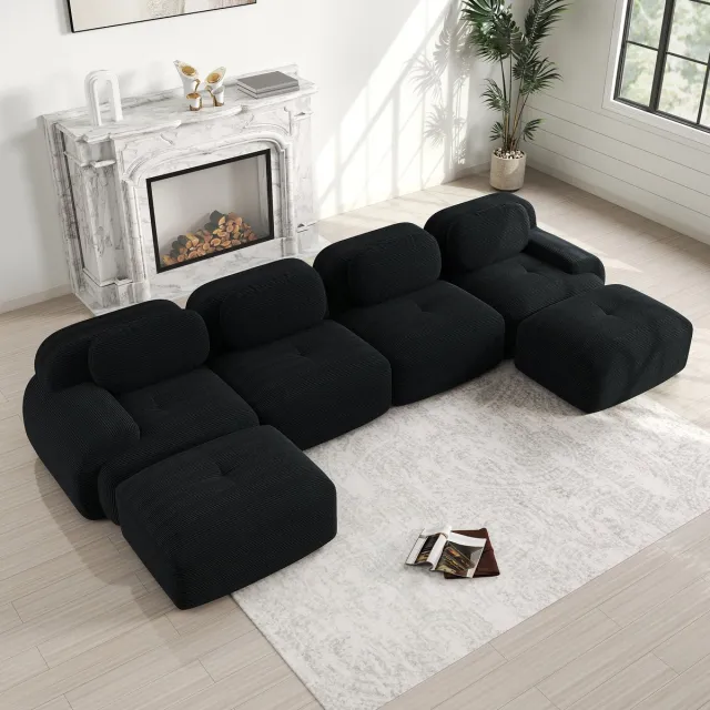 FloraGrace Modulaire Hoekbank U Vorm - Montagevrij, Ademende Ribstof, Ergonomisch Met Brede Armleuningen - Woonkamer Slaapkamer - Corduroy - Zwart