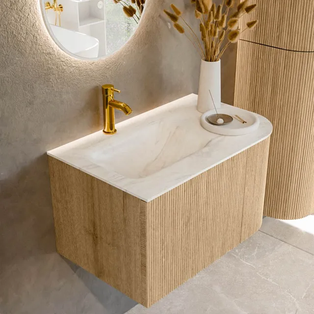 Mondiaz KURVE-DLUX 75 cm Onderkast Greeploos 1 Lade Met Deuren Oak, Wastafel Solid Surface Links Ostra 1 Kraangat Zonder Spiegel (KRVGRU75R1L1D1KL-Oak/Ost)