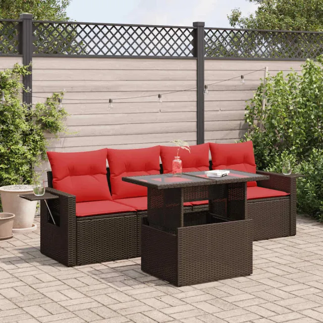 vidaXL 5-delige Loungeset met kussens poly rattan acacia bruin, foto 2