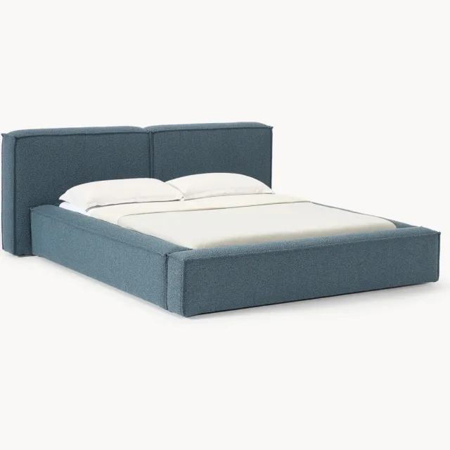 Westwing Collection Gestoffeerd bouclé bed Lennon met opbergruimte Blauw