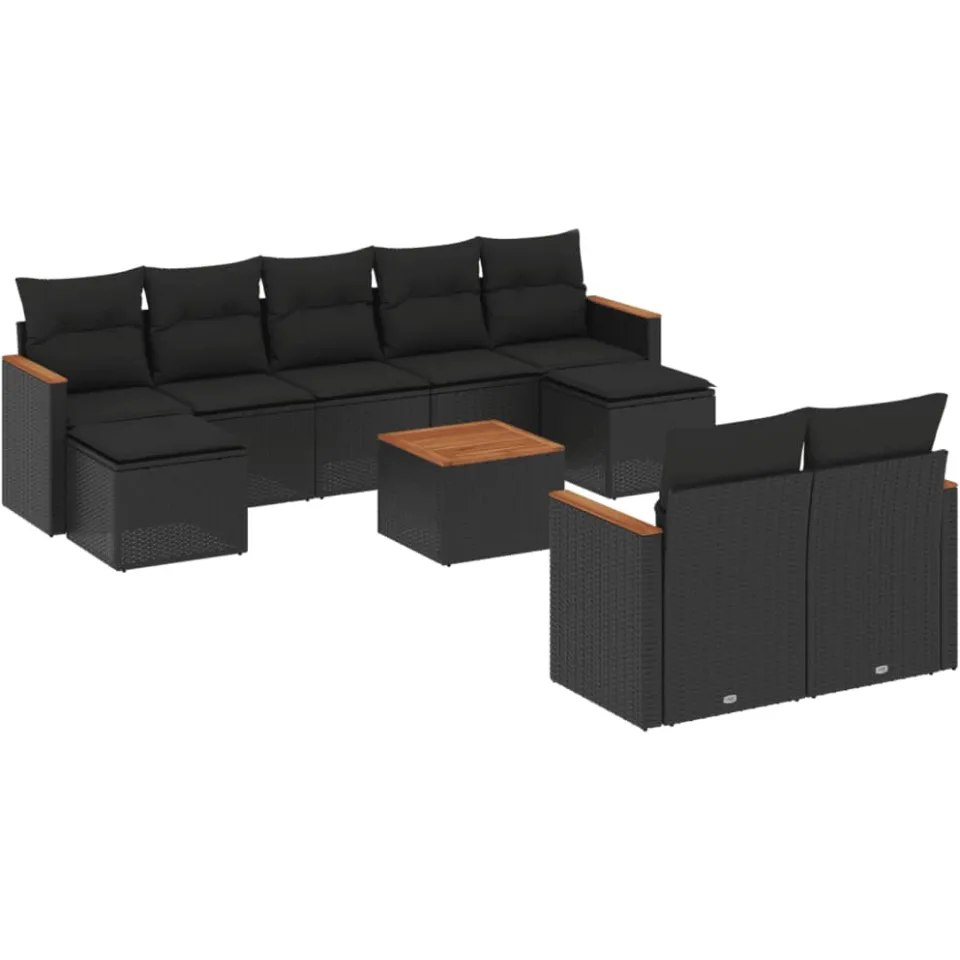 vidaXL 10-delige Loungeset met kussens poly rattan zwart, foto 3