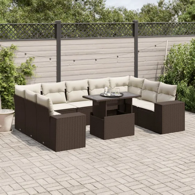 vidaXL 10-delige Loungeset met kussens poly rattan bruin, foto 2