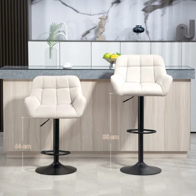 MEUNIQ Barkrukken set van 2 hoogte verstelbaar 64-85 cm 360° draaibaar met rugleuning en armleuningen kunstleer in linnenlook crème zwart