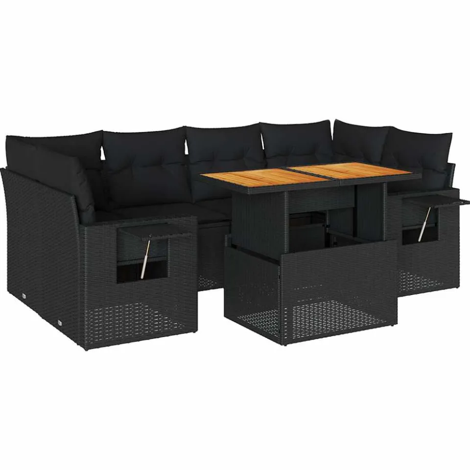 vidaXL 7-delige Loungeset met kussens poly rattan zwart, foto 3