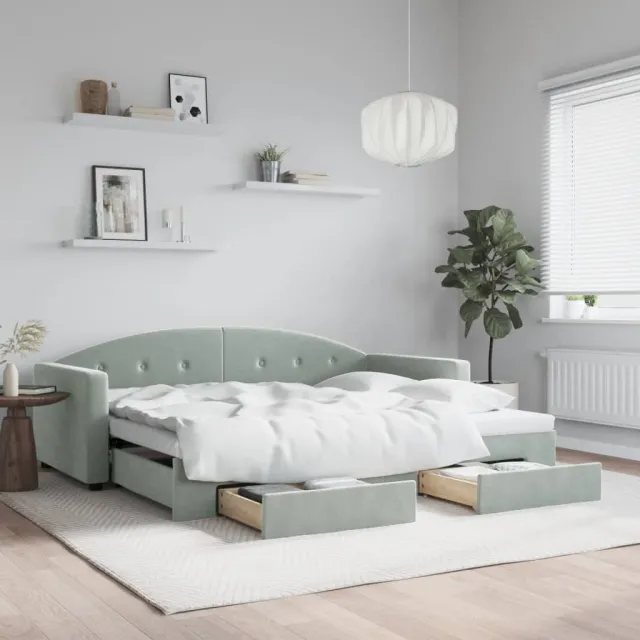 vidaXL Slaapbank onderschuifbed en lades 90x200 cm fluweel lichtgrijs grijs