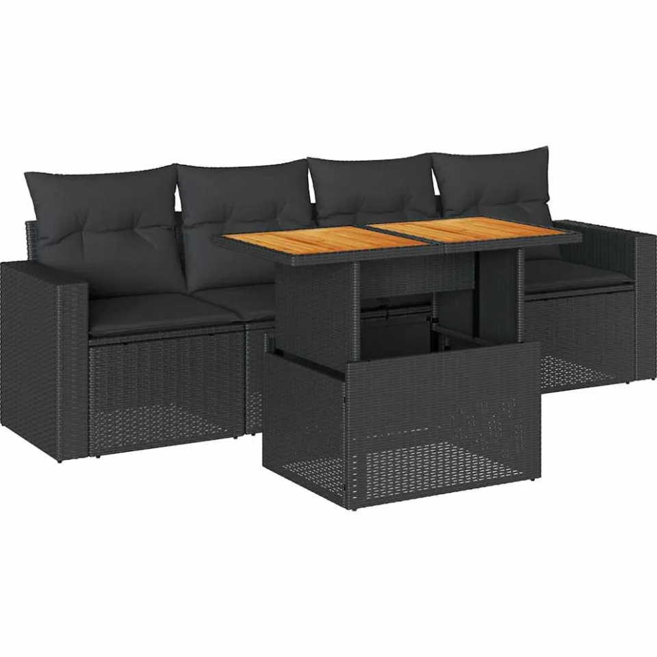 vidaXL 5-delige Loungeset met kussens poly rattan zwart, foto 3