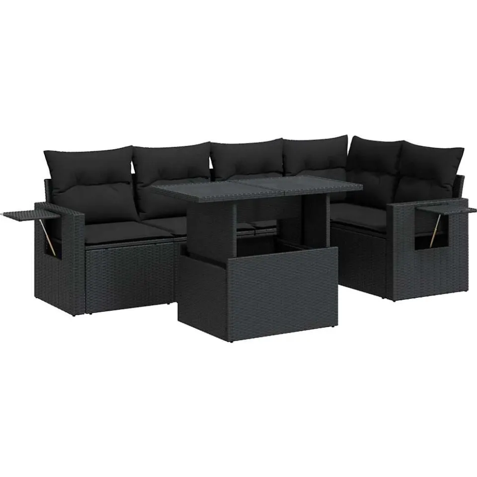 vidaXL 6-delige Loungeset met kussens poly rattan zwart, foto 3