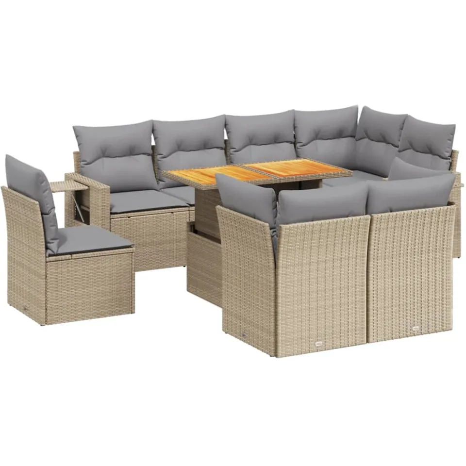 vidaXL 9-delige Loungeset met kussens poly rattan beige, foto 3